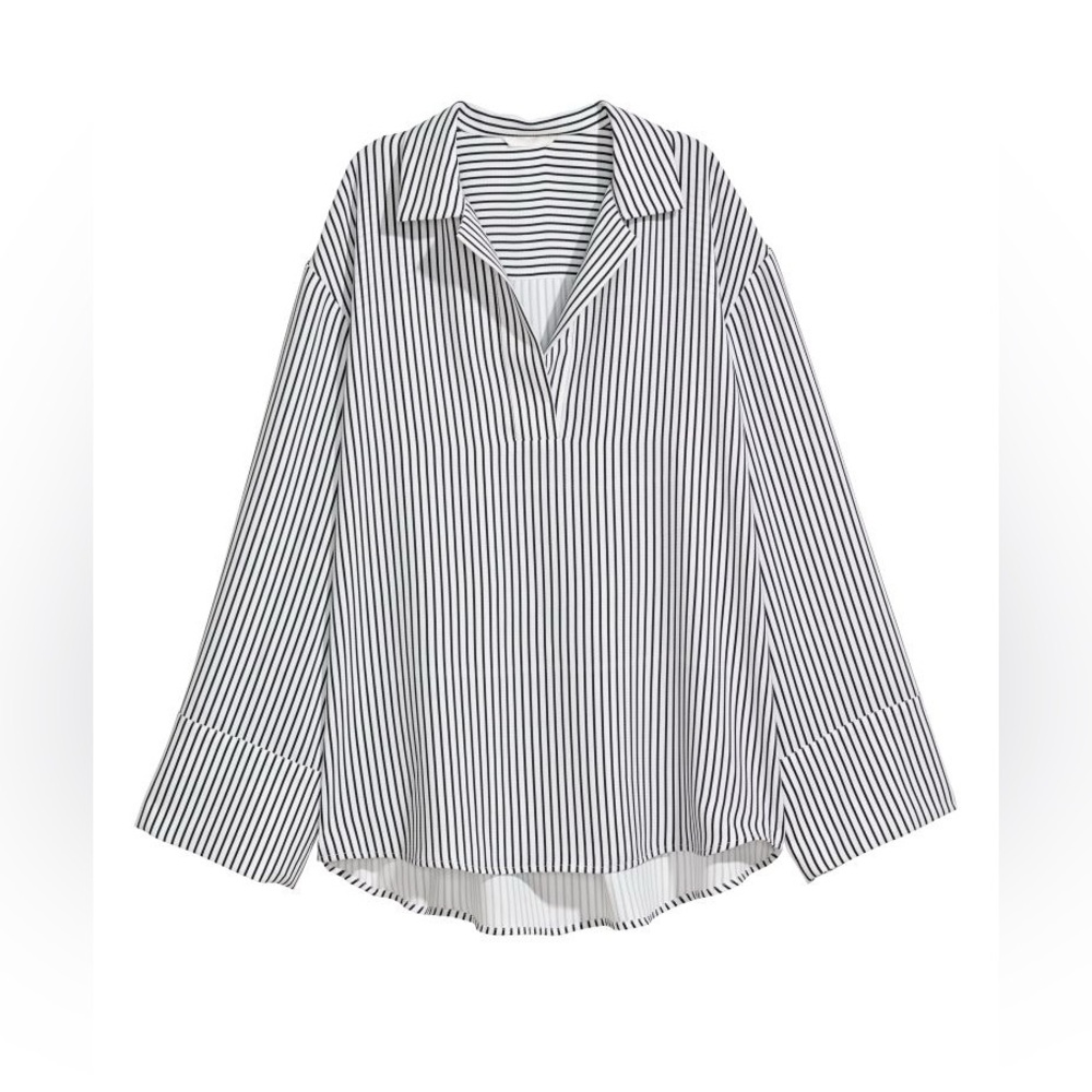 HM STRIPED V NECK OVERSIZED WIDE SLEEVE BLOUSE